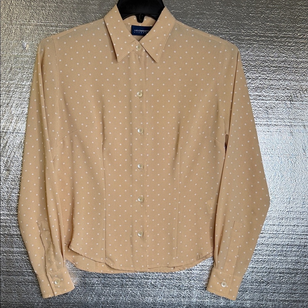Liz Claiborne Beige Blouse with White Dots